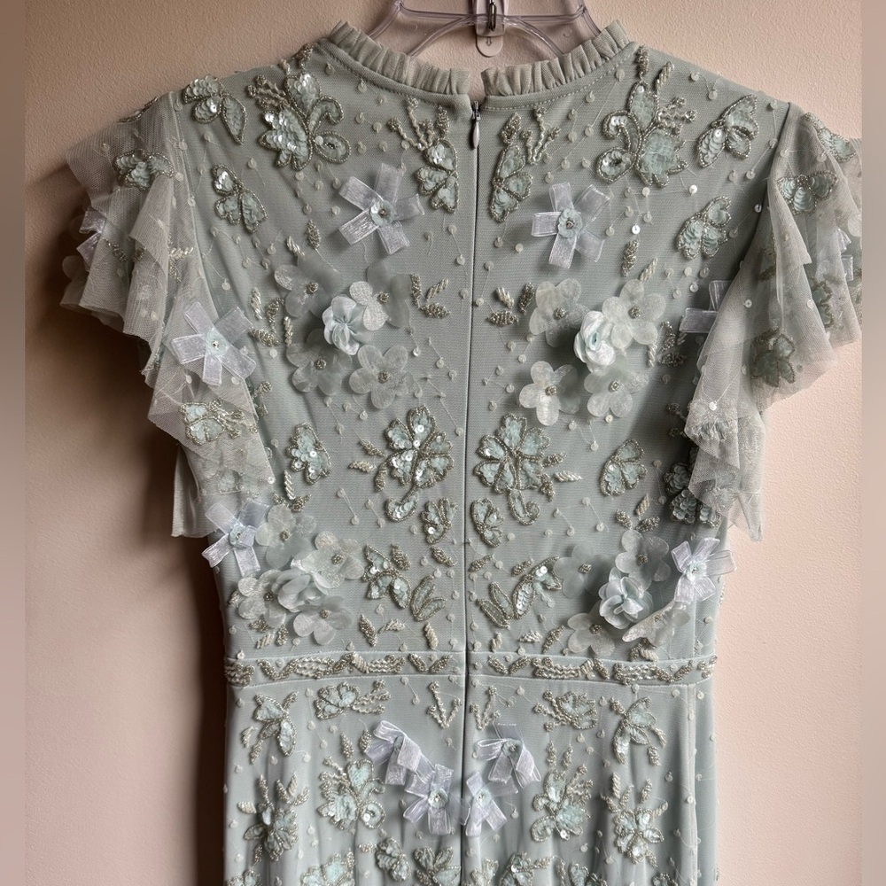 Mac Duggal Women’s Floral Embellished Flutter Sleeve Gown Size 2 Light Mint - Picture 6 of 9